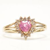 HALLMARKED 9CT GOLD SYNTHETIC SAPPHIRE & CZ HEART CLUSTER RING