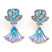 925 SILVER PLIQUE-A-JOUR ART DECO STYLE FAN EARRINGS
