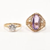TWO HALLMARKED 9CT GOLD AMETHYST & CZ SOLITAIRE RINGS