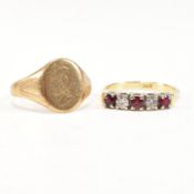 18CT GOLD RUBY & DIAMOND FIVE STONE RING & 9CT GOLD SIGNET RING