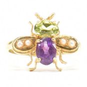 GOLD ON 925 SILVER AMETHYST & PERIDOT INSECT RING
