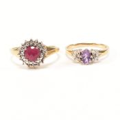 HALLMARKED 9CT GOLD AMETHYST & DIAMOND RING & 9CT GOLD & RUBY RING &