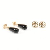 9CT GOLD CELTIC STUD EARRINGS & GOLD & ONYX PENDANT EARRINGS