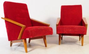 PAIR OF MID CENTURY OAK FRAMED ARMCHAIRS