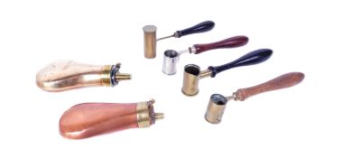 COLLECTION OF MUSKET POWDER MEASURES & 2 SMALL POWDER FLASKS