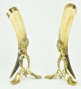 PAIR OF 19TH CENTURY HORN & BRASS CORNUCOPIAS