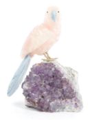 CARVED ROSE QUARTZ AND AVENTURINE PARROT SCULPTURE