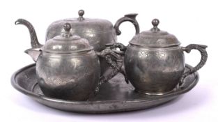 CHINESE KUT HING SWATOW FOUR PIECE PEWTER TEA SET