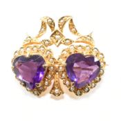 HALLMARKED 9CT GOLD TWIN HEART AMETHYST & PEARL BROOCH PIN