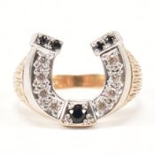 HALLMARKED 9CT GOLD SAPPHIRE & CZ HORSESHOE RING