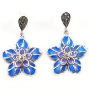 925 SILVER & MARCASITE PLIQUE A JOUR FLOWER DROP EARRINGS