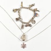 SILVER CHARM BRACELET & TWO PENDANT NECKLACES