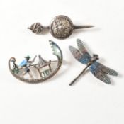 THREE SILVER & ENAMEL BROOCH PINS