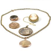 TWO GOLD & YELLOW METAL WINDOW LOCKETS & CAMEO BROOCH PIN