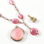 SILVER & ENAMEL LOCKET GLASS BEAD NECKLACE & INTAGLIO FOB CHARM