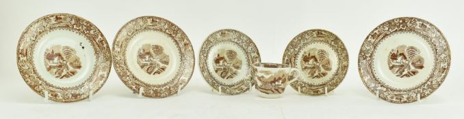 COLLECTION OF STAFFORDSHIRE STYLE BROWN TRANSFERWARE