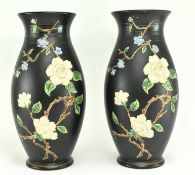 BRENTLEIGH WARE - PAIR OF TALL BLACK FLORAL VASES