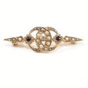 HALLMARKED 9CT GOLD SAPPHIRE & DIAMOND & SEED PEARL BROOCH PIN