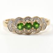 HALLMARKED 9CT GOLD DIOPSIDE & DIAMOND THREE STONE RING