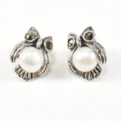 PAIR 925 SILVER MARCASITE & PEARL NOVELTY OWL EARRINGS