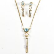 14CT GOLD TOPAZ & DIAMOND & CULTURED PEARL PENDANT NECKLACE & EARRING SUITE