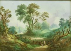 EARLY 19TH CENTURY FRAMED PORCELAIN PLAQUE OF FOREST SCENE