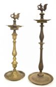 TWO INDIAN ALTAR INCENSE BURNERS WITH COCKEREL FINIAL