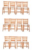 TWELVE VICTORIAN BEECH & ELM CHAPEL STYLE CHAIRS