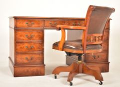GEORGE III REVIVAL BURR WALNUT TWIN PEDESTAL DESK WITH CHAIR