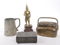 BRASS NEPALESE FIGURE WITH BRASS BOX & PEWTER MUG