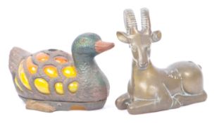 ART NOUVEAU MANNER BRONZE DUCK LAMP WITH INSET GLASS