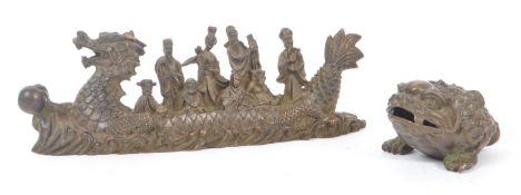 TWO CHINESE BRONZE FIGURES - FUK LUK SAY WITH BULL FROG