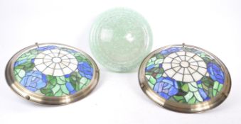 TWO TIFFANY STYLE PENDANT LIGHTS WITH DECO FLY CATCHER