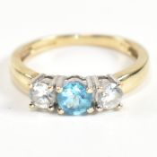 HALLMARKED 9CT GOLD CZ & TOPAZ THREE STONE RING