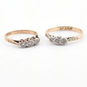 TWO VINTAGE 9CT GOLD & PLATINUM DIAMOND THREE STONE RINGS