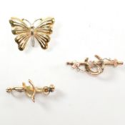 THREE HALLMARKED 9CT GOLD BROOCH PINS INCLUDING EDWARDIAN & LATER