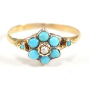 18CT GOLD TURQUOISE & SEED PEARL CLUSTER RING