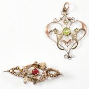 EDWARDIAN HALLMARKED 9CT GOLD & GEM SET BROOCH PIN & 9CT GOLD & GEM SET NECKLACE PENDANT