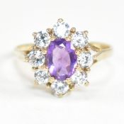 HALLMARKED 9CT GOLD AMETHYST & WHITE STONE CLUSTER RING
