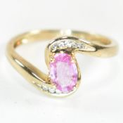 HALLMARKED 9CT GOLD PINK SAPPHIRE & DIAMOND CROSSOVER RING