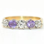 18CT GOLD AMETHYST & DIAMOND FIVE STONE RING