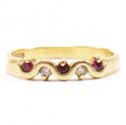 HALLMARKED 18CT GOLD DIAMOND & RED STONE HALF HOOP RING