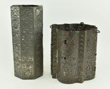 TWO VINTAGE MEXICAN PIERCED IRON HANGING LIGHT SHADES