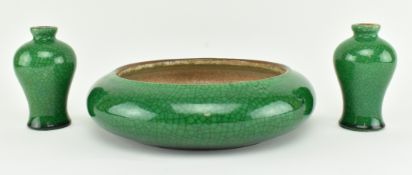 THREE 20TH CENTURY GREEN CRACKLED BRUSH WASHER AND VASES