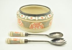 VICTORIAN STONEWARE & SILVER PLATED SALAD BOWL AND SERVERS