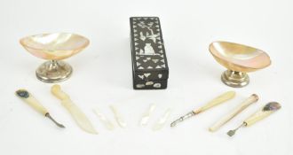 COLLECTION OF MOTHER OF PEARL INLAID ITEMS AND TRINKETS