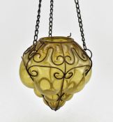 VENETIAN STYLE WROUGHT IRON & AMBER GLASS HANGING SHADE