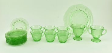 VINTAGE URANIUM GLASS TEA SET, POURING JUG AND SERVING PLATE