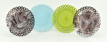 FOUR SOWERBY STYLE OPALINE & MARBLED PRESSED GLASS PLATES