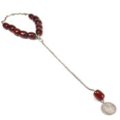 SILVER & CHERRY BAKELITE CHOKER NECKLACE WITH MEDAL PENDANT